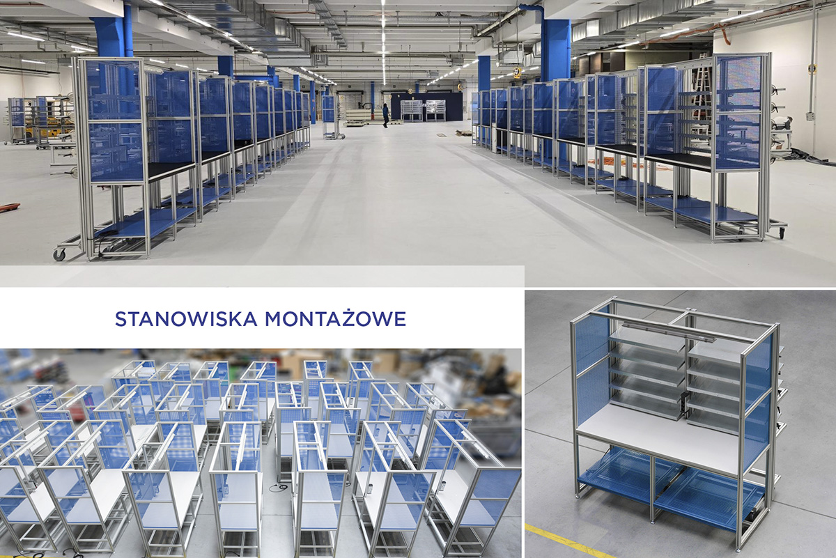 Linia montażowa: stanowiska montażowe i wózki materiałowe